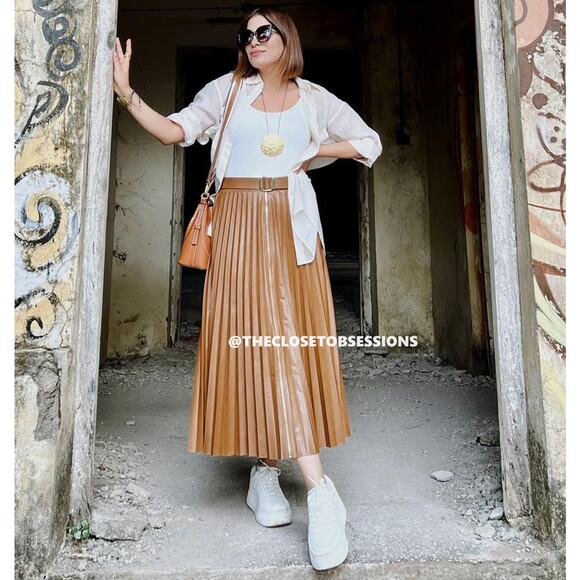 ZARA High-Waisted Whiskey Brown Pleated Midi Skirt NWT - Picture 11 of 16